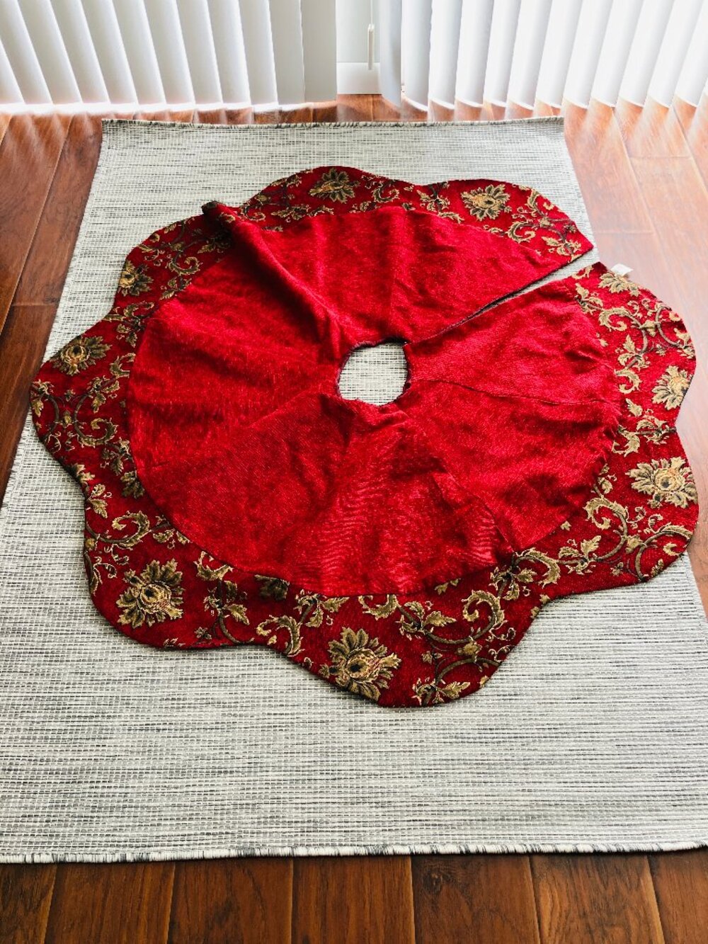 Rodeo Home Burgundy Gold Olive Brocade Satin Large Christmas Tree Skirt 56"